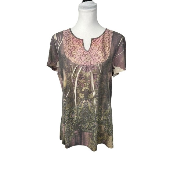 Style & Co Knit Top Blouse Sz L Purple Lace Floral Pullover Short Sleeve V Neck - Picture 1 of 9